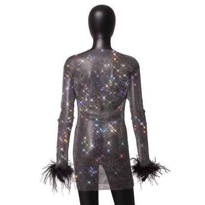 Feather Long Sleeves Black Dress Women's Sexy See Through Rhinestone Summer Club Birthday Party Dress Evening Dresses Vestidos