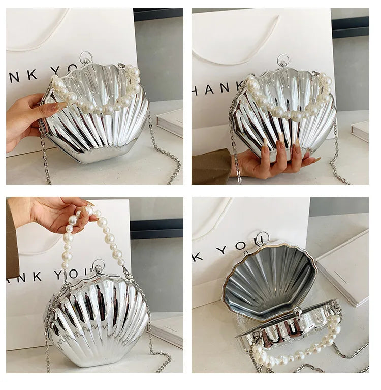 Evening Bags Shell Shape Women Clutch Bags 2023 New Wedding Bridal Handbag Pearl Beaded Fashion Shell Chain Party Bags