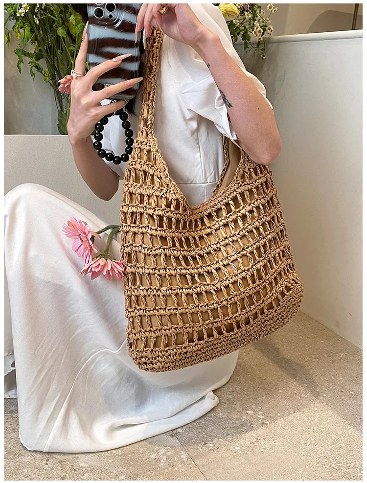 Casual Hollow Straw Women Shoulder Bags Handmade Woven Large Capacity Tote Bag Summer Beach Handbags Simple Bali Purses 2024