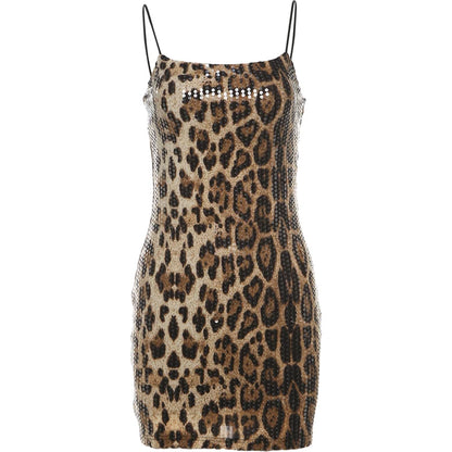 Vestido sexy con estampado de leopardo y gatito extraño para mujer, con lentejuelas, estilo hipster, a la moda, ajustado, elástico, para fiesta de medianoche, para discoteca, ajustado