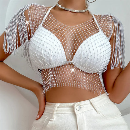 Camisetas transparentes de malla con diamantes para mujer, camisetas sexis de verano con agujeros para playa, para fiestas, clubes y raves, venta al por mayor