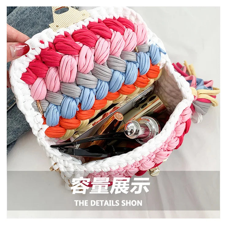 Fashion Colorful Crochet Women Handbags Trend Handmade Woven Chains Shoulder Crossbody Bag Small Flap Female Purses 2024