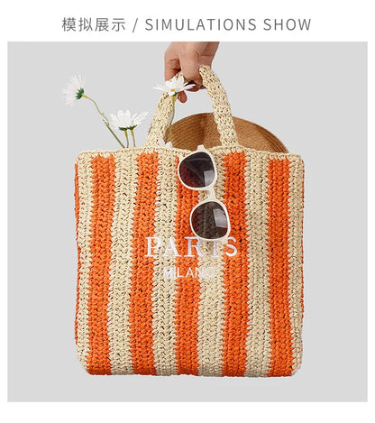 Casual Striped Straw Tote Bag Designer Letters Woven Women Handbags Handmade Summer Beach Bag Big Bali Travel Shopper Purse 2024