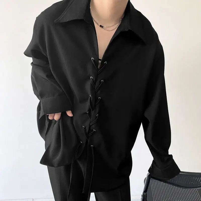 2023 Men Shirt Solid Color Lapel Long Sleeve Lace Up Men Clothing Korean Streetwear Fashion Loose Casual Shirts S-5XL INCERUN