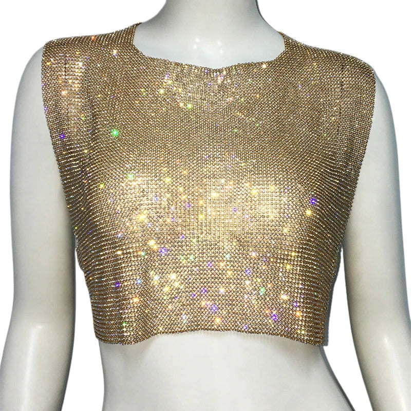 Camiseta sin mangas con cuello halter y lentejuelas de malla de diamantes brillantes para mujer, blusas de verano con espalda abierta de metal y diamantes de imitación, envío directo, blusas sin espalda para mujer