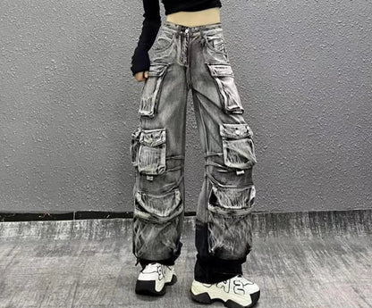 DEAT Fashion Women's Jeans High Waist Multiple Pockets Water Wash Gradient Streetwear Denim Cargo Pants Spring 2024 New 7AB3332