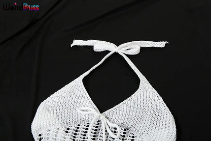 Vestido de mujer transparente de crochet con escote en V y espalda descubierta con tiras elásticas y escote halter, vestido sexy de verano 2024 para citas y vacaciones