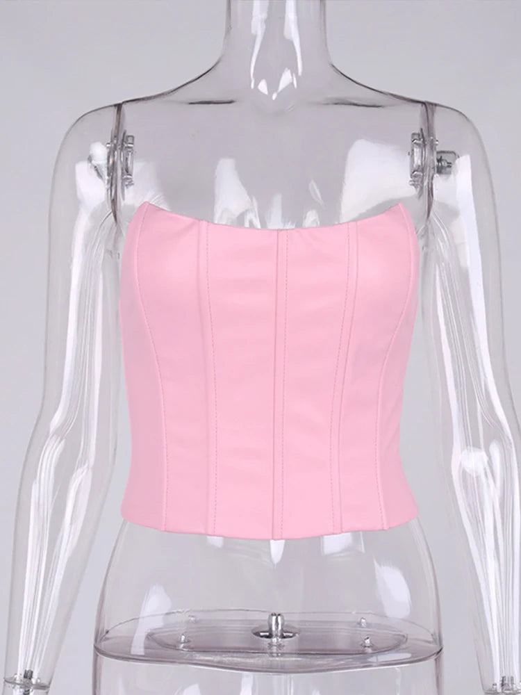 CLEARANCE SALE ! Summer Crop Top Women Fishbone Double Layer Pink  PU Leather Sexy Crop Top Fashion Lady Clubwear Party