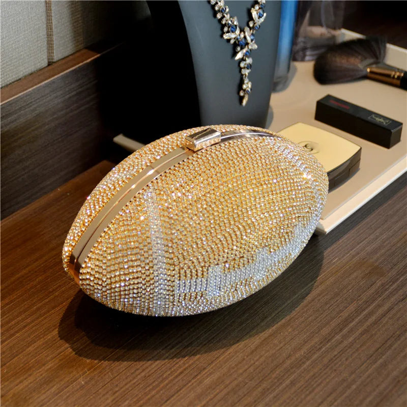 Diamond Evening Clutch Purse Bag Bridal Bling Football Shape Handbag Trendy Fashion One-shoulder Lady Rhinestone Box Case