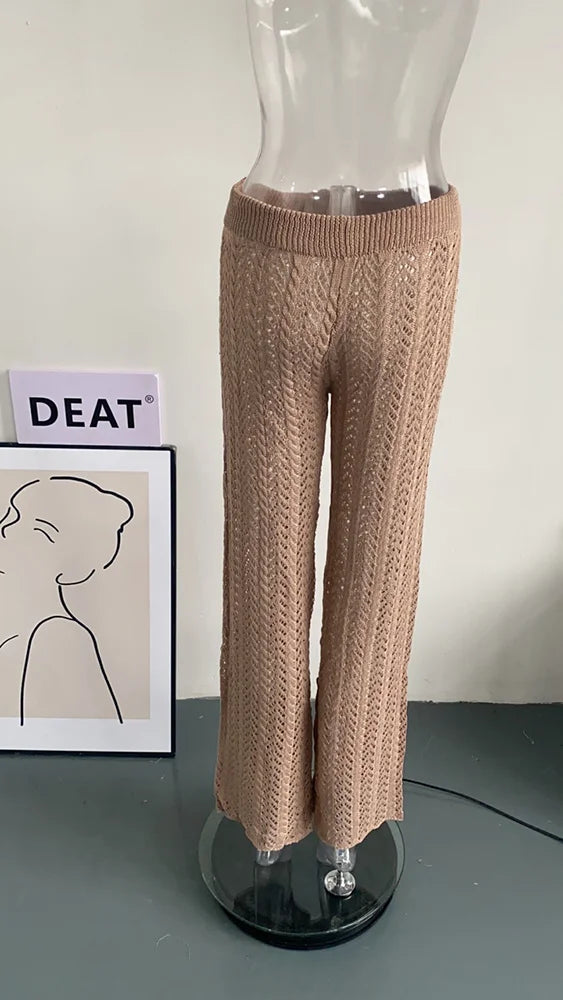 DEAT Fashion Women's Pants High Waist Slim Drawstring Solid Color Knitted Hollow Out Flare Trousers Spring 2024 New 17A2466