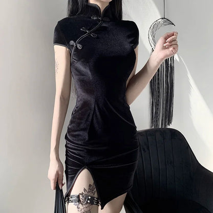 Goth Dark Women Dress Cheongsam Chinese Style Skinny Mini Dress Streetwear Sexy Vintage Haraiuku Summer Women Clothing Slim 2023