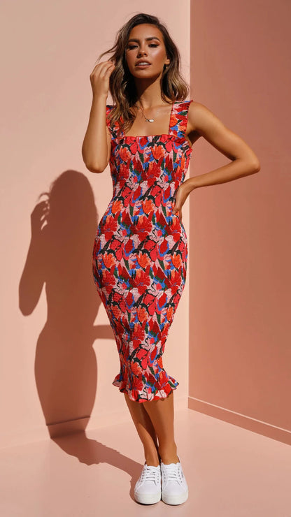 Vestido de verano sexy para mujer, con tirantes y estampado floral, largo medio, con dobladillo con volantes, vestido ajustado de largo medio para mujer