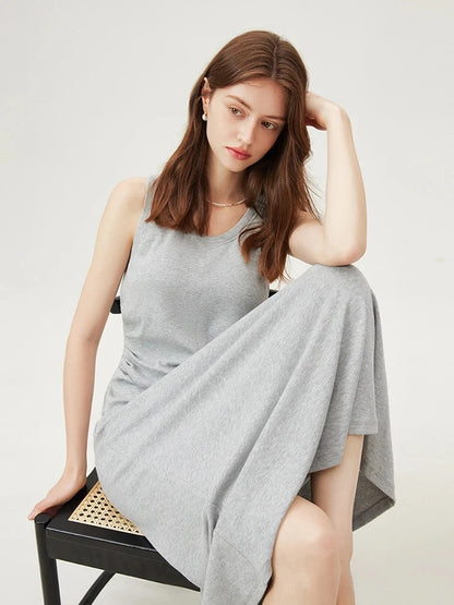 FSLE T-Shirt Dress Sleeveless Long Spilt Grey Dresses Pleated Short Sleeve A-LINE Dress 24FS12440+24FS12883