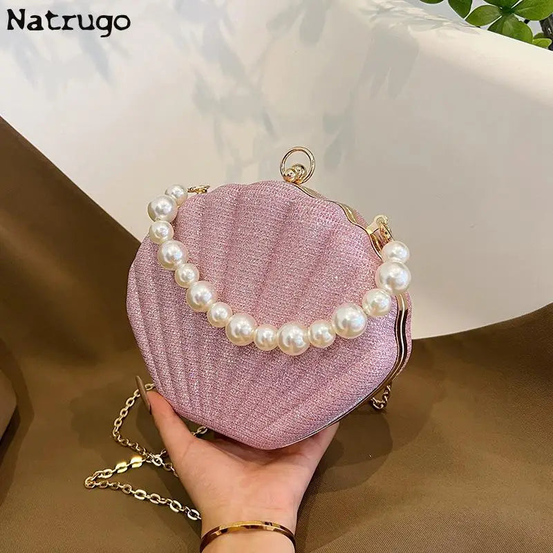 Bolso de hombro estilo marca, bolso de concha con cadena de perlas, bolso cruzado de lentejuelas de moda para mujer, bolso de noche