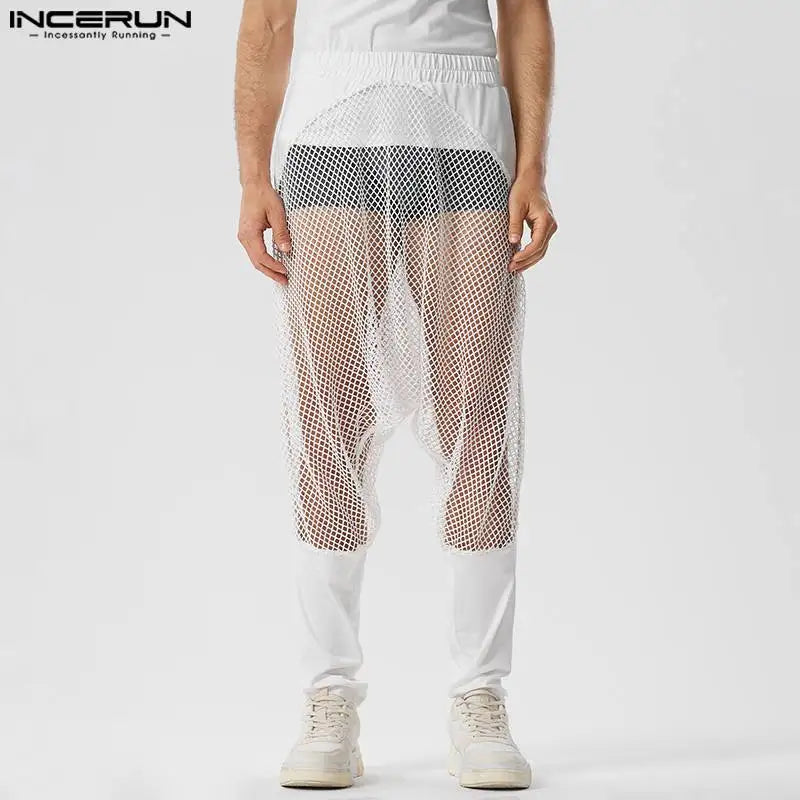 Pantalones nuevos para hombre con estilo sexy INCERUN 2024, pantalones de malla transparente con parches, pantalones elásticos con perspectiva informal, tallas S-5XL