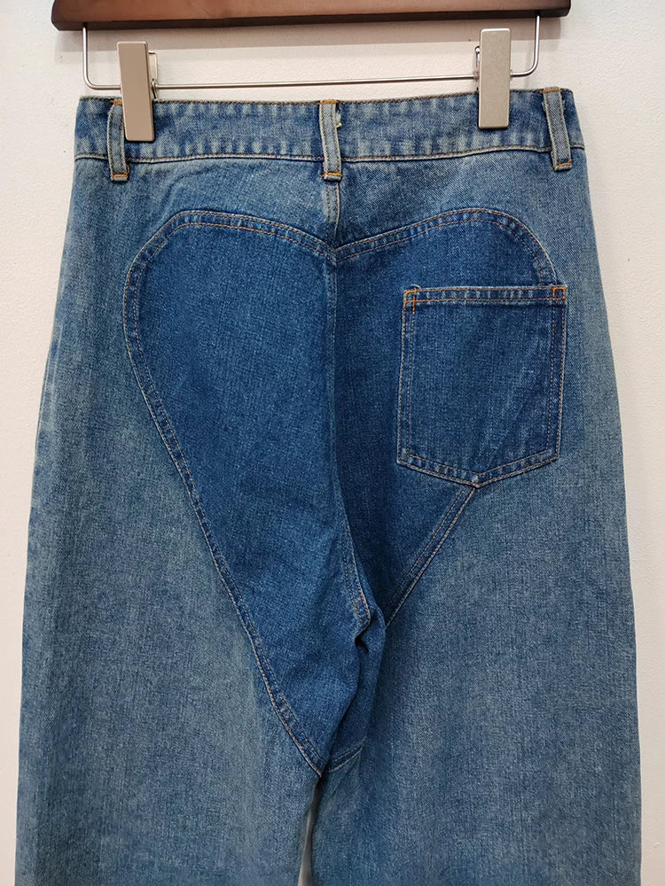 DEAT Fashion Women's Jeans High Waist Cross Contrast Color Hollow Out Metal Button Straight Denim Pants Summer 2024 New 17A8765H