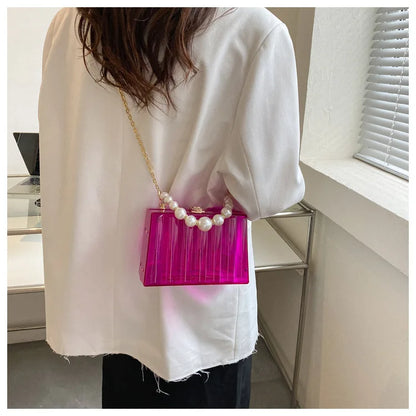 Bolso de mano transparente de acrílico para mujer, bolso cruzado transparente con correa de cadena de perlas extraíble