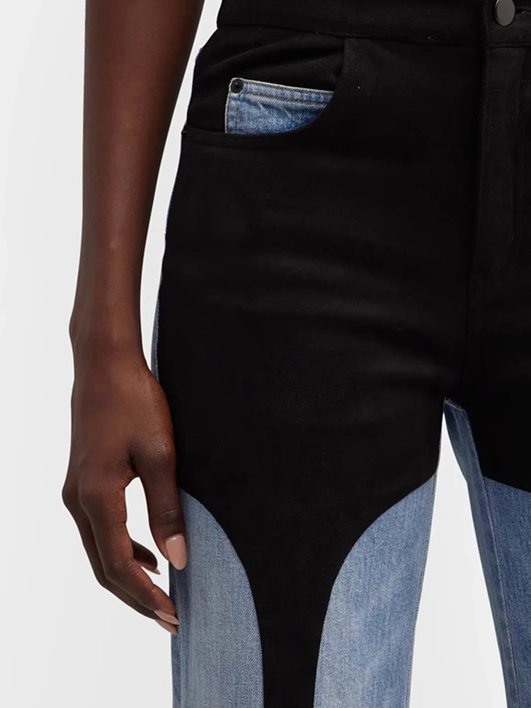 DEAT Fashion Pantalon en jean pour femme taille haute avec coutures contrastées noires et bleues, longueur au sol, jambes larges, automne 2024, nouveau 7AB763