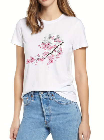 Camiseta de mujer con cuello redondo y estampado floral, camiseta informal de manga corta para primavera y verano, ropa de mujer, camisetas para mujer