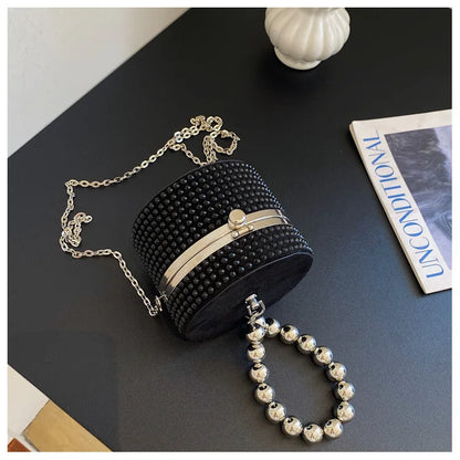 Sac de soirée tendance pour femme, pochette circulaire à rivets noirs et argentés, sac messager à chaîne pour femme, sac à bandoulière tendance en diamant