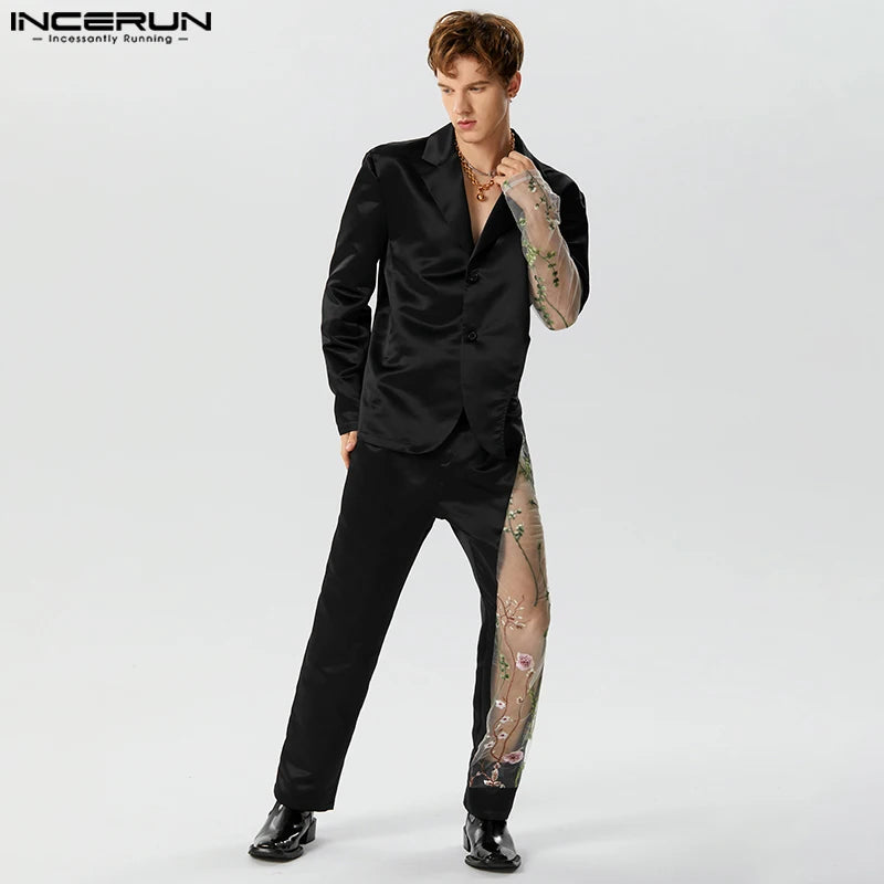 2023 Fashion Men Sets Embroidery Mesh Patchwork Lapel Long Sleeve Blazer & Pants 2PCS Streetwear Men Casual Suits S-5XL INCERUN