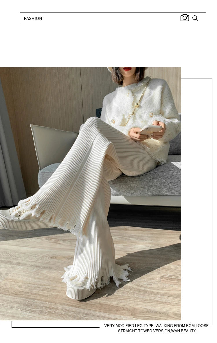 Suninheart Tassels Wide Leg Knitted Pants Women Winter Stripe Loose Trousers Femme Casual Full Length Warm Sweater Pants 2022