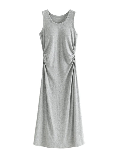 FSLE T-Shirt Dress Sleeveless Long Spilt Grey Dresses Pleated Short Sleeve A-LINE Dress 24FS12440+24FS12883