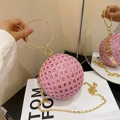 Women Evening Day Clutch Colorful Crystal Diamonds Round Ball Shaped Clutches Lady Handbag Wedding Purse Chain Shoulder Bag