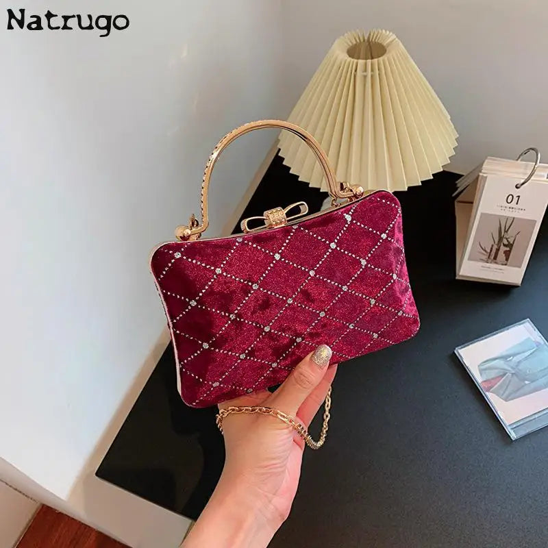 Bolso de mano de terciopelo para mujer, de lujo, para cenas formales, para dama de honor, para bodas, fiestas, con diamantes, bolso de hombro con cadena para mujer