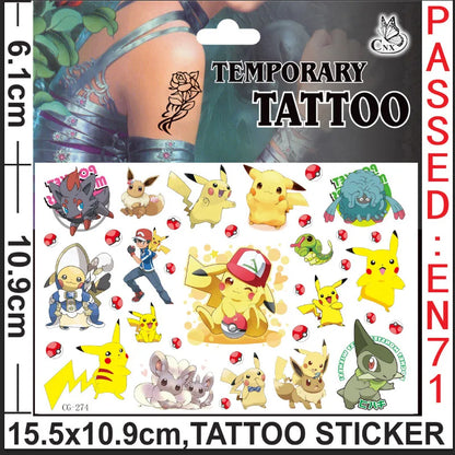 1Pcs/3Pcs/6Pcs Autocollants de tatouage Pokémon Pikachu lumineux non répétitifs Jouets de dessin animé Tatouages ​​temporaires pour enfants Cadeau pour enfants