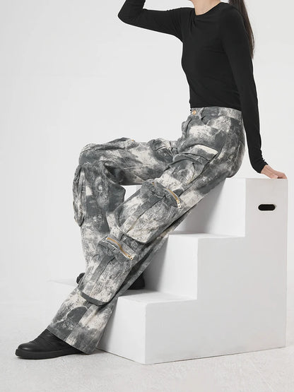 DEAT Fashion Jeans camouflage pour femmes taille haute multi-poches ample Spice Girl Street Denim Cargo Pants Printemps 2024 Nouveau 17A3603H