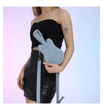 Cute guitar bag women's crossbody bag fashion denim shoulder bag creative phone bag for women