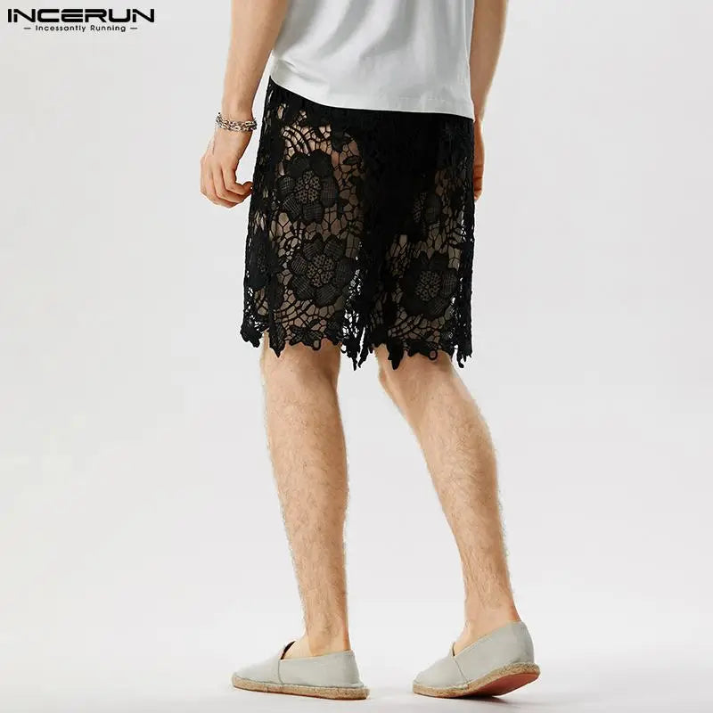 Short élégant et bien ajusté pour homme INCERUN Short en dentelle imprimé ajouré pour soirée décontractée Short en maille transparente sexy S-5XL