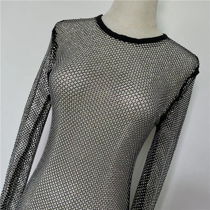 Monos elásticos de cuello redondo para mujer, ropa de calle de manga larga, mono brillante hermoso, mono básico negro con entrepierna ajustada