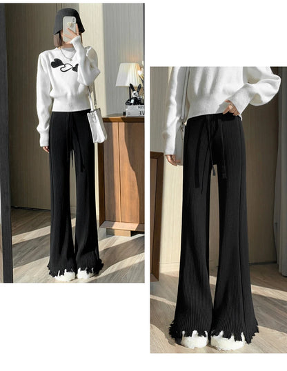 Suninheart Tassels Wide Leg Knitted Pants Women Winter Stripe Loose Trousers Femme Casual Full Length Warm Sweater Pants 2022