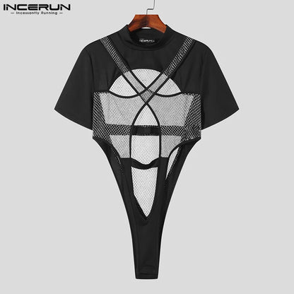 2023 Monos para hombre de malla de retazos transparentes con agujeros, monos de cuello redondo de manga corta, mono sexy de moda para hombre S-3XL INCERUN