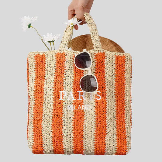 Bolso de mano informal de paja a rayas con letras de diseñador, bolso de mano tejido para mujer, bolso de playa de verano hecho a mano, bolso de viaje grande de Bali 2024