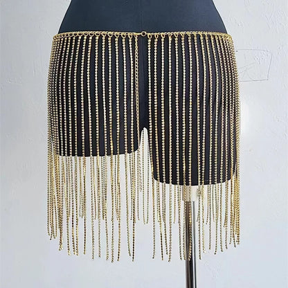 Glitter Rhinestone Long Tassel Mini Skirts Gold Silver Crystal Diamonds Loose Adjustable Sexy Women Summer Beach Short Skirt