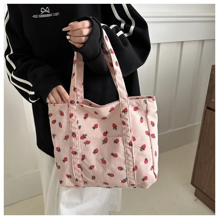 Sac fourre-tout décontracté à motif de fraises, grande capacité, sacs à bandoulière pour femmes, sacs à main chics et simples, grand sac de courses en nylon, sacs à main pour étudiants