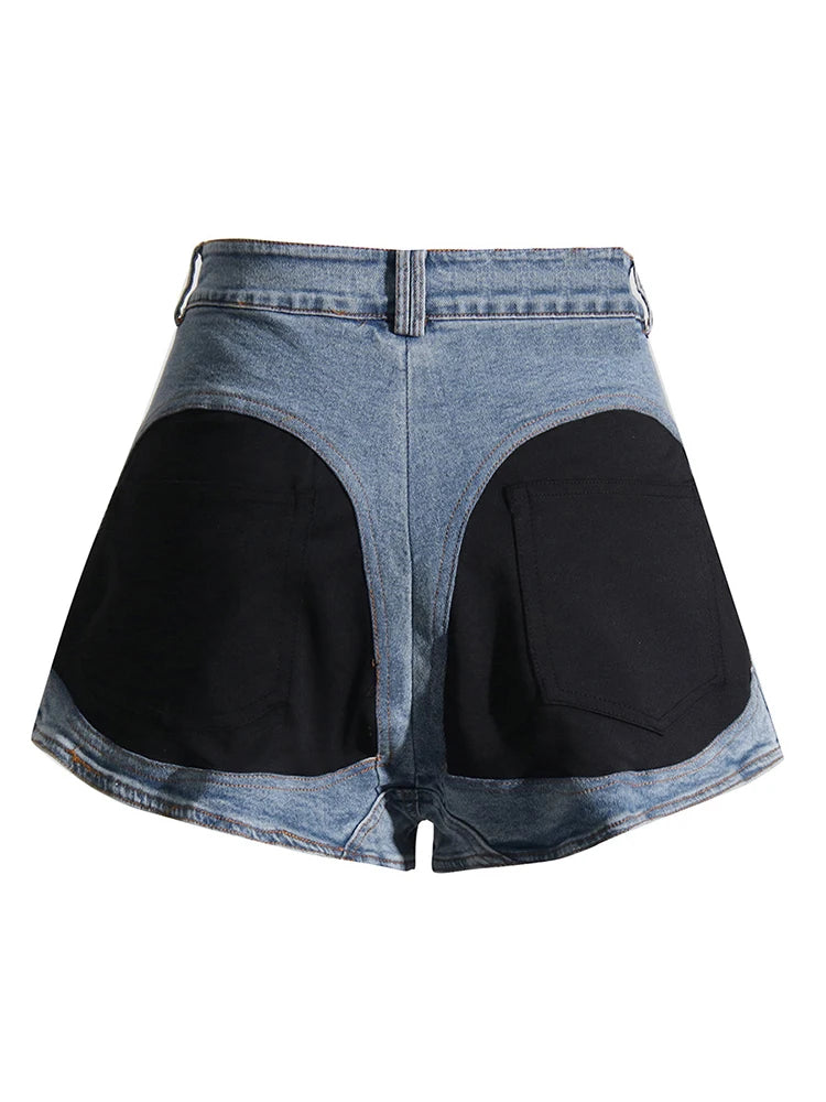 DEAT Fashion Women's Denim Shorts Patchwork Contrast Color Low Waist Pocket Straight Slim Short Jeans Summer 2024 New 17A9086