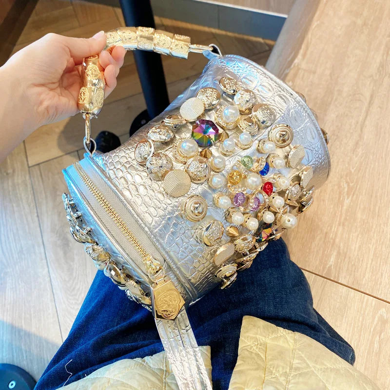 New Women's Bag Cylinder Handmade Shoulder Bag Water Diamond Bag Versatile One Shoulder Crossbody Bag Pillow Bag