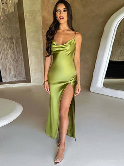 Dulzura Vestido largo de satén con tirantes y espalda descubierta y cordones para mujer, con aberturas laterales, ajustado, sexy, para fiestas, cumpleaños, trajes de noche, verano