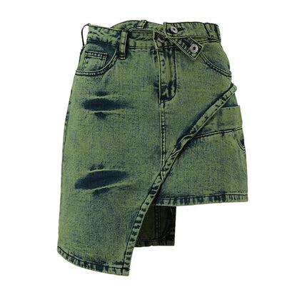 DEAT Fashion Women's Skirt New High Waist Asymmetric Sashes Tie Dye Streetwear Above Knee Denim Skirts Tide Summer 2024 17A1759