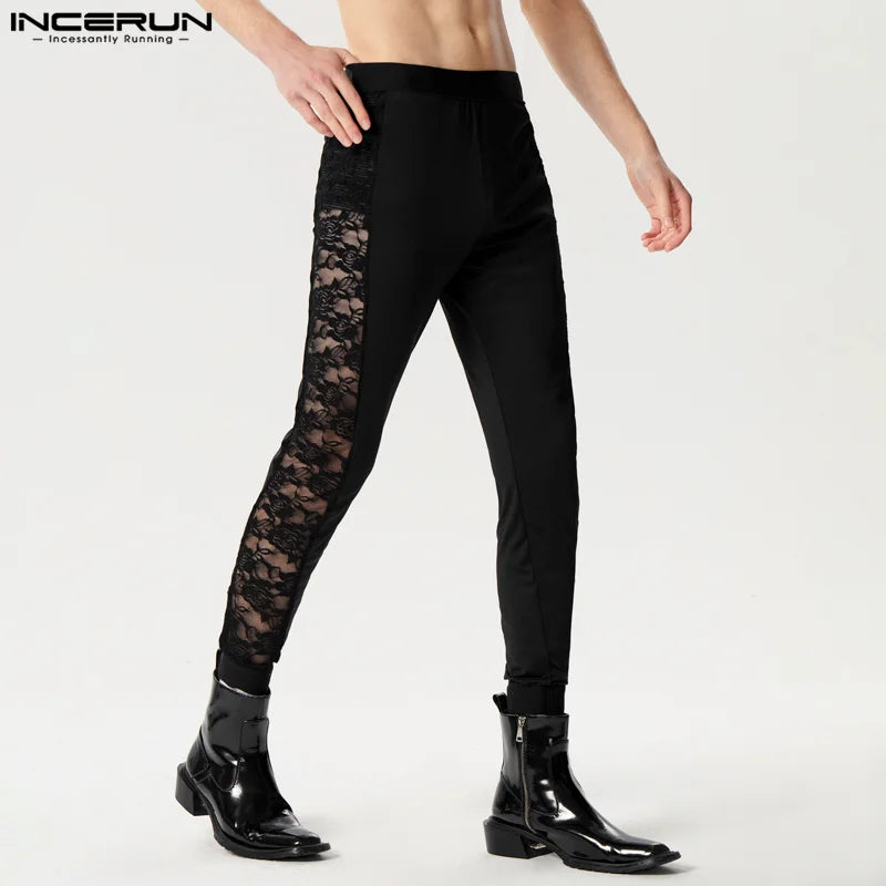 2024 Hommes Pantalons Dentelle Patchwork Sexy Taille Élastique Fitness Hommes Leggings Streetwear Transparent Mode Pantalons S-5XL INCERUN