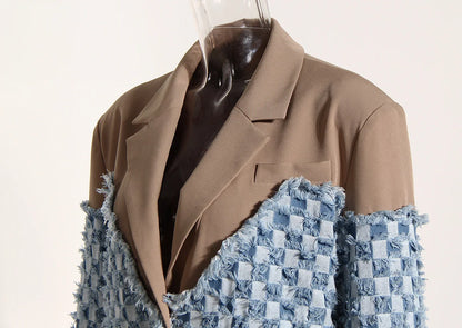 DEAT Fashion Blazer à col cranté pour femme, veste ample en denim à simple boutonnage, patchwork, costume pour femme, automne 2024, nouveau 17A4068