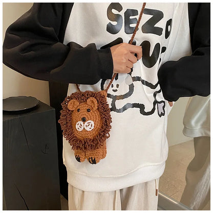 Cute Little Lion Bag For Girls Women's Funny Mobile Phone Coin Purse Winter Knitting Shoulder Crossbody Bag