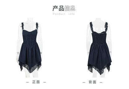 Suninheart Summer Mini Lace Party Dresses Lovely  Navy Blue Sleeveless Spaghetti Strap A Line Dress Fashion Women Clothing 2023