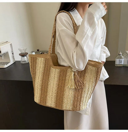 Bolso tejido de paja estilo vacaciones de verano, gran capacidad, versión coreana, tendencia occidental, bolso de hombro, bolso de mano de viaje de moda, diseñador