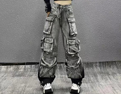 DEAT Fashion Women's Jeans High Waist Multiple Pockets Water Wash Gradient Streetwear Denim Cargo Pants Spring 2024 New 7AB3332