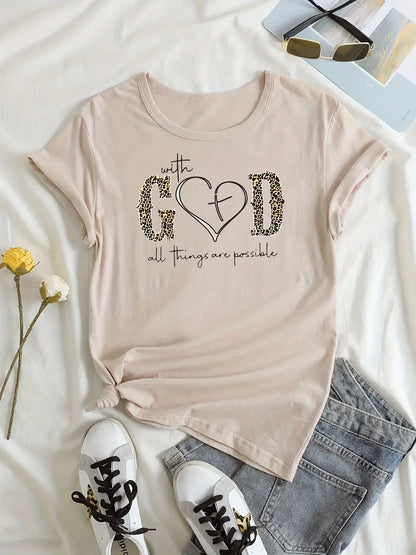 Camiseta con estampado de Dios para mujer, camiseta informal de verano de manga corta y cuello redondo, ropa para mujer, camisetas para mujer